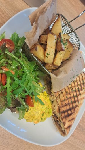 Seitan panini and chips at Vegan Earth in Ayr