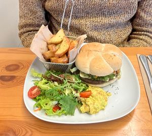 Seitan Burger with fries  at Vegan Earth in Ayr