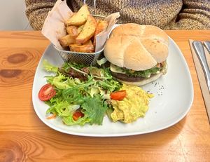 Seitan Burger with fries  at Vegan Earth in Ayr