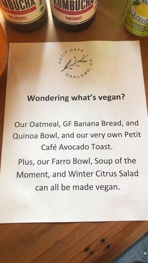 Vegan Menu at Petit Cafe in Oakland