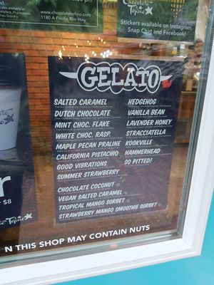 Vegan Gelato and sorbet menu at Chocolate Tofino in Tofino