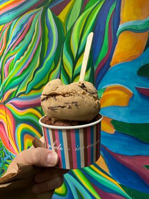 Two scoops: Vegan Chocolate Coconut Gelato and Vegan Salted Caramel Gelato at Chocolate Tofino in Tofino