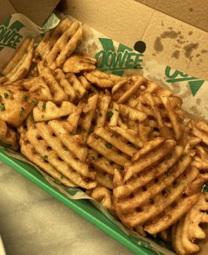 Marmite waffle fries, delicious and enough for 2 people - but came without the mozzarella I had paid for at Oowee Vegan in South West London