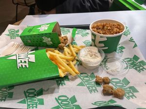 Mac and cheese. Popcorn chicken   at Oowee Vegan in South West London