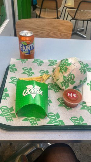 Flamin’ hot clucker, chips, buffalo sauce and a fanta  at Oowee Vegan in South West London