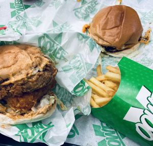 The Big Bacon Swiss m, Simple Cheeseburger and Fries  at Oowee Vegan in South West London