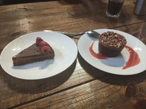 Tia maria chocolate cake on the right and chocolate almond torte on the left at Carmo in New Orleans