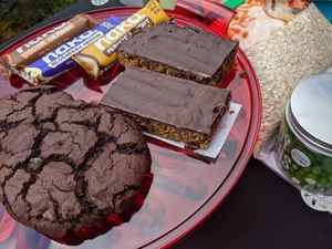 Goodies for us and goodies (oats and frozen peas) for the ducks and geese on Derwentwater. at New Dawn Vegan Coffee Shop in Borrowdale
