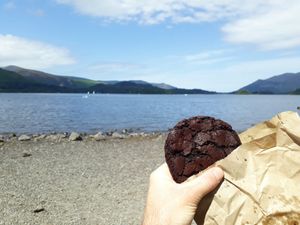 Giant cookie by the lake at New Dawn Vegan Coffee Shop in Borrowdale