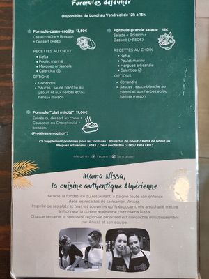 Menu at Mama Nissa in Paris