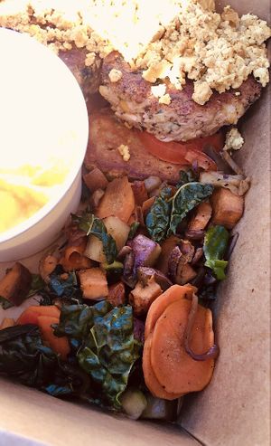 Jackfruit “crab” Benedict w/ tofu, GF breadth  at Pomegranate Cafe in Phoenix