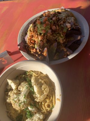 walnut nachos and alfredo pasta, both DELISH & filling at Pomegranate Cafe in Phoenix