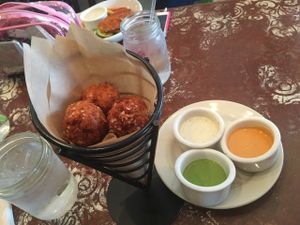 vegan Hush Puppies and the accompanying dipping sauces (Summer 2016 menu) at Pomegranate Cafe in Phoenix