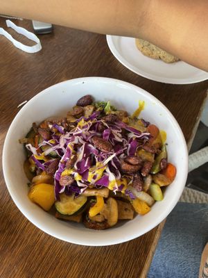 Lucky dragon bowl w “chicken”   at Pomegranate Cafe in Phoenix