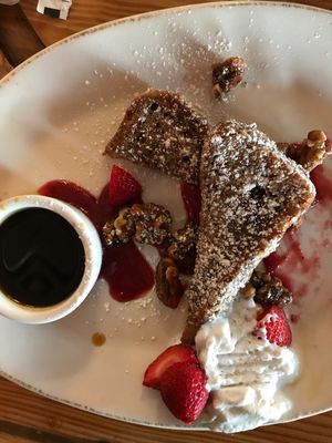 Strawberry French toast with walnuts and coconut cream at Pomegranate Cafe in Phoenix