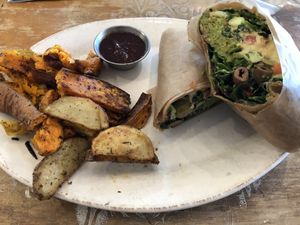 Athena’s favorite with root veggie chips and bbq sauce at Pomegranate Cafe in Phoenix