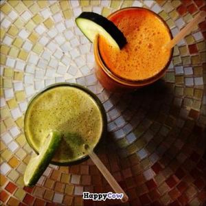 lioness and Braveheart juices :-) Both delish!  at Pomegranate Cafe in Phoenix