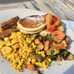 Weekend brunch POM Sampler  with tofu and pancakes  at Pomegranate Cafe in Phoenix