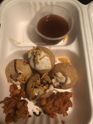 Chaat Bombs and Sahil Pakoras (half eaten...there was more!).  at Sahil Street Food in Bakewell