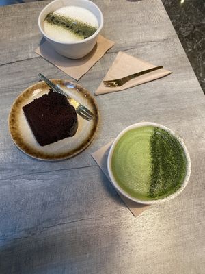 Matcha latte, chocolate dessert  at The Tea Academics 茶研 in Hong Kong Island