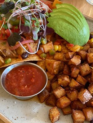 Tostadas subbed with tofu and vegan cheese at Dairy Lane Cafe in Calgary