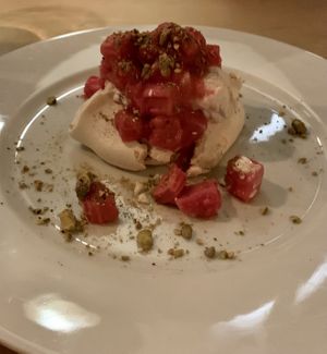 Gorgeous Rhubarb, Rose and Pistachio Pavlava 😍   at Nelsons Wine Bar in Hebden Bridge