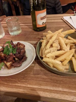 Miso aubergine & parmasan truffle fries (VG) at Nelsons Wine Bar in Hebden Bridge