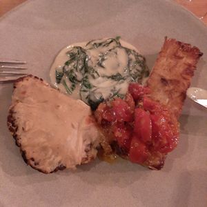 Potato rosti with cauliflower steak & creamed spinach at Nelsons Wine Bar in Hebden Bridge