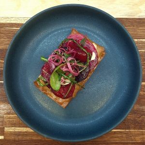 Beetroot filo tart  at Nelsons Wine Bar in Hebden Bridge
