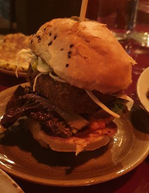 Tikka tofu burger at Nelsons Wine Bar in Hebden Bridge