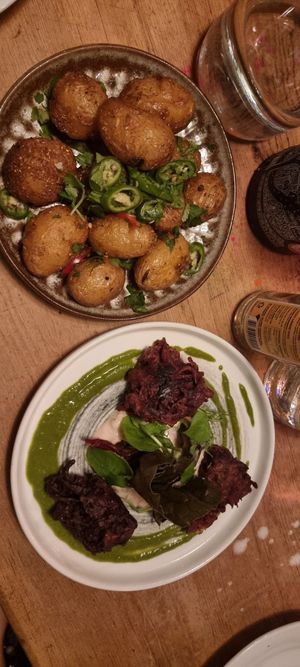 Beetroot bhaji and Gunpowder Potatoes at Nelsons Wine Bar in Hebden Bridge