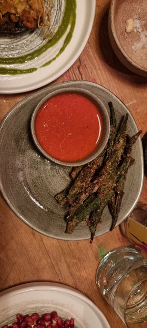 Okra fries - this sauce was hot hot hot but very moreish at Nelsons Wine Bar in Hebden Bridge