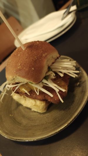 Tofu tika burger  at Nelsons Wine Bar in Hebden Bridge
