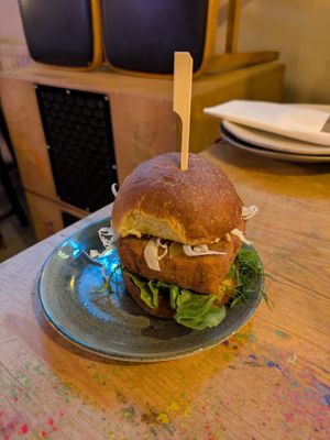 Tofu tikka burger at Nelsons Wine Bar in Hebden Bridge