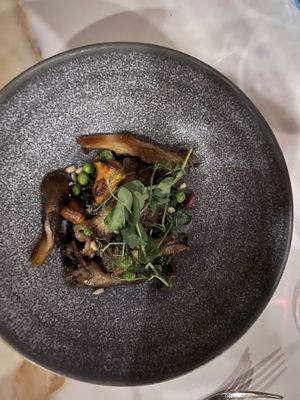 Fricassee of local mushrooms, ramps, chanterelles, peas, spinach at Roselily in South Bend