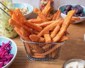 Sweet potato fries with vegan lemon mayonaise  at Sababa - De Pijp in Amsterdam