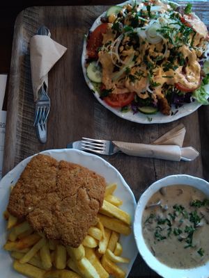 Schnitzel mit Pommes & Pilzrahmsoße (auf Wunsch getrennt, sonst alles auf einem Teller) & Kebab-Teller at Rebels in Bamberg