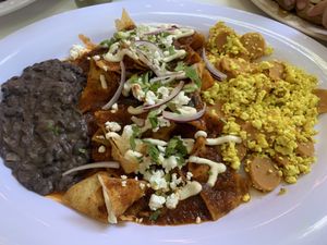 Beans, chilaquiles and scrambled tofu  #Veganuary at Corazon Contento PDC in Playa Del Carmen