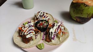 tacos 'los baja' & a coconut at Corazon Contento PDC in Playa Del Carmen
