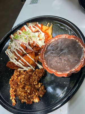 Chilaquiles con tofu con chorizo   at Corazon Contento PDC in Playa Del Carmen