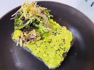 avocado toast on activated charcoal bread at Corazon Contento PDC in Playa Del Carmen