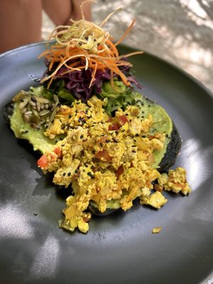 Avocado toast with tofu scrambleed eggs  at Corazon Contento PDC in Playa Del Carmen
