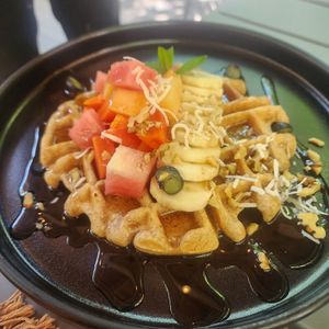 The fruit-covered waffle is a great choice. at Corazon Contento PDC in Playa Del Carmen