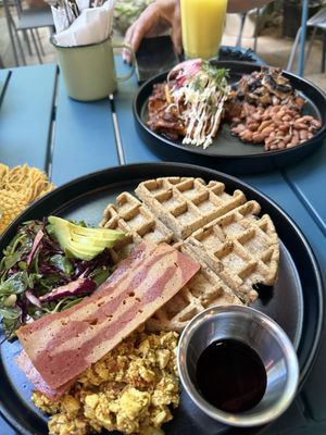 Waffles with tofu scramble and chilaquiless #Veganuary at Corazon Contento PDC in Playa Del Carmen