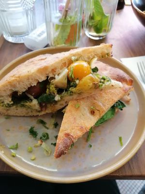 Artichoke and asparagus sandwich on focaccia bread. All vegan. at Vegitalian - Schoutenstraat in Utrecht