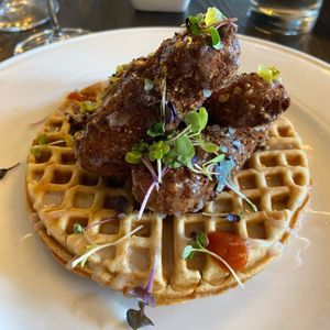Vegan chicken and waffles  at River & Post in Jacksonville