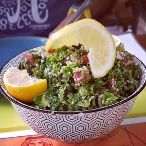 Healthy salad made with bulgur, parsley, onion and tomato at Tastes of Damascus in Athens