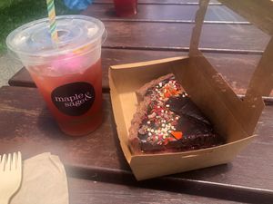 Iced tea and mixed berry slice at Maple and Sage in Maleny