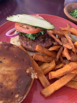 Vegan burger with sweet potato fries   at Cowboy's Smokehouse Cafe in Panguitch