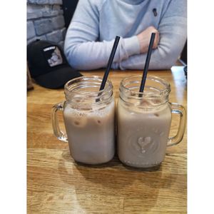 Iced Caramel Coffee made with Oat Milk. at Wanderlust Cafe & Bistro in Edinburgh